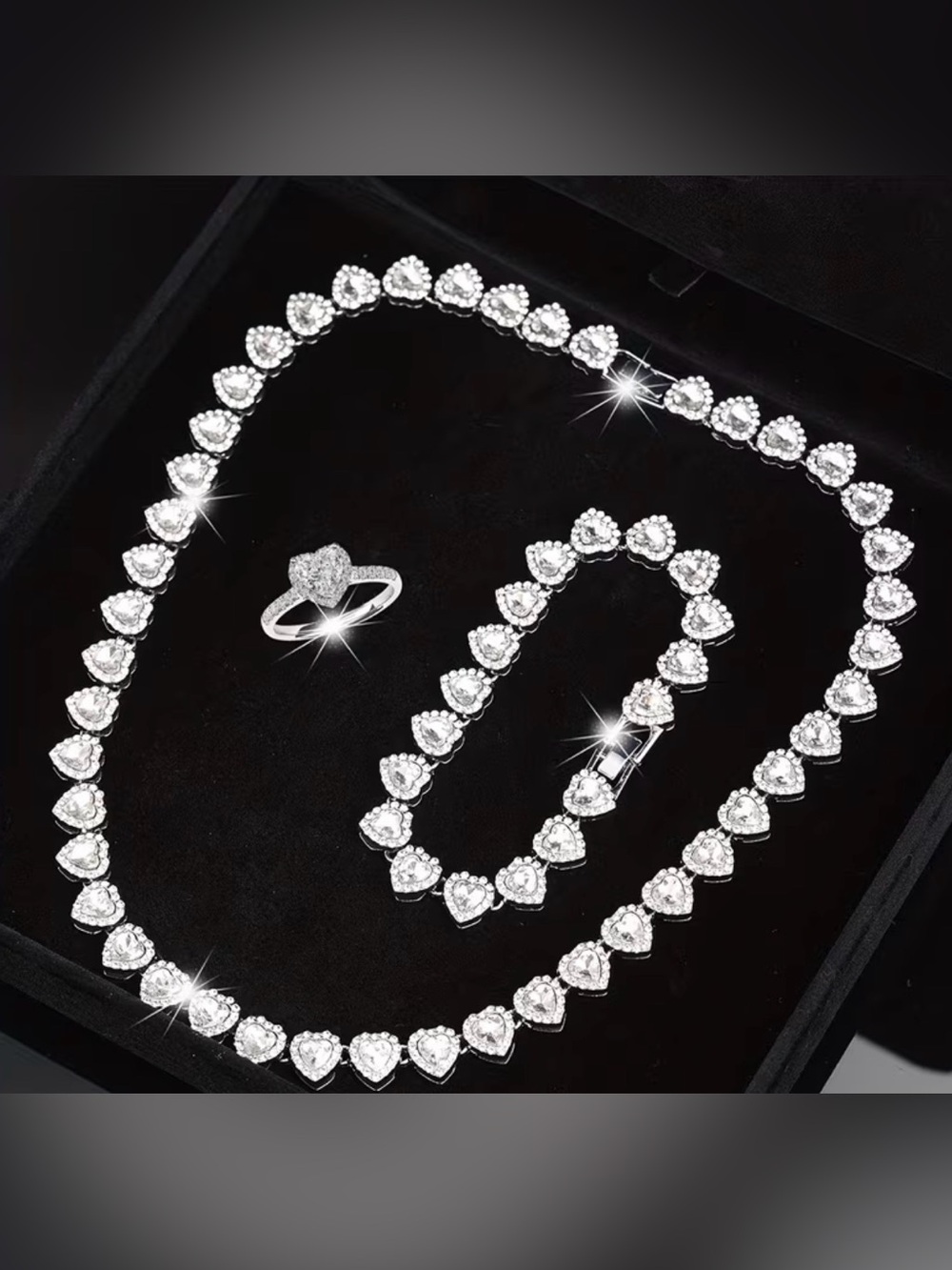 Heart Halo Necklace, Bracelet & Ring Set - Silver White Crystal